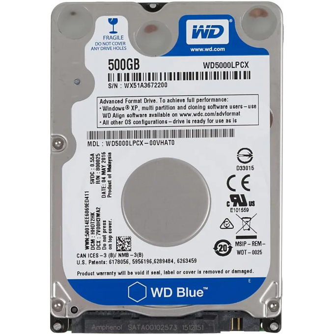 Жесткий диск WESTERN DIGITAL Blue , 500ГБ, HDD, SATA III, 2.5" WD5000LPCX