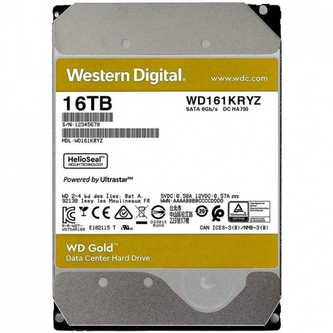 Жесткий диск WESTERN DIGITAL GOLD , 16ТБ, HDD, SATA-III, 3.5" WD161KRYZ