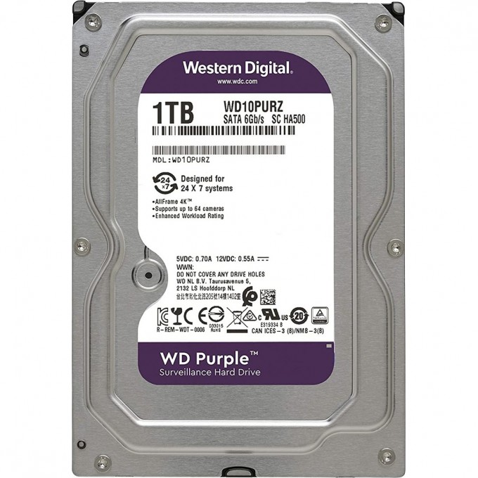 Жесткий диск WESTERN DIGITAL PURPLE , 1ТБ, HDD, SATA III, 3.5" WD10PURZ