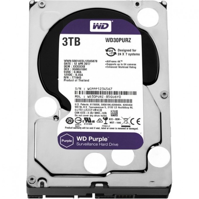 Жесткий диск WESTERN DIGITAL PURPLE , 3ТБ, HDD, SATA III, 3.5" WD30PURZ