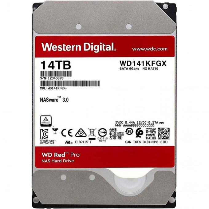 Жесткий диск WESTERN DIGITAL RED PRO , 14TB, HDD, SATA III, 3.5" WD141KFGX